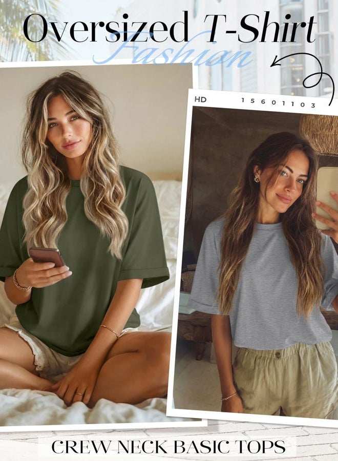 Riyiper 3 Pack Women's Oversized T-Shirt Half Sleeve Summer Tees Casual Loose Fit Crew Neck Basic Tops, Army Green, Light Mixed Gray, Black, L - Image 4