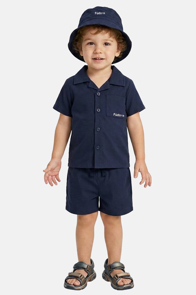 Fudo Toddlers Boy 3 Pieces Brand Logo Shirt And Shorts With Hat Set, Navy - Image 1