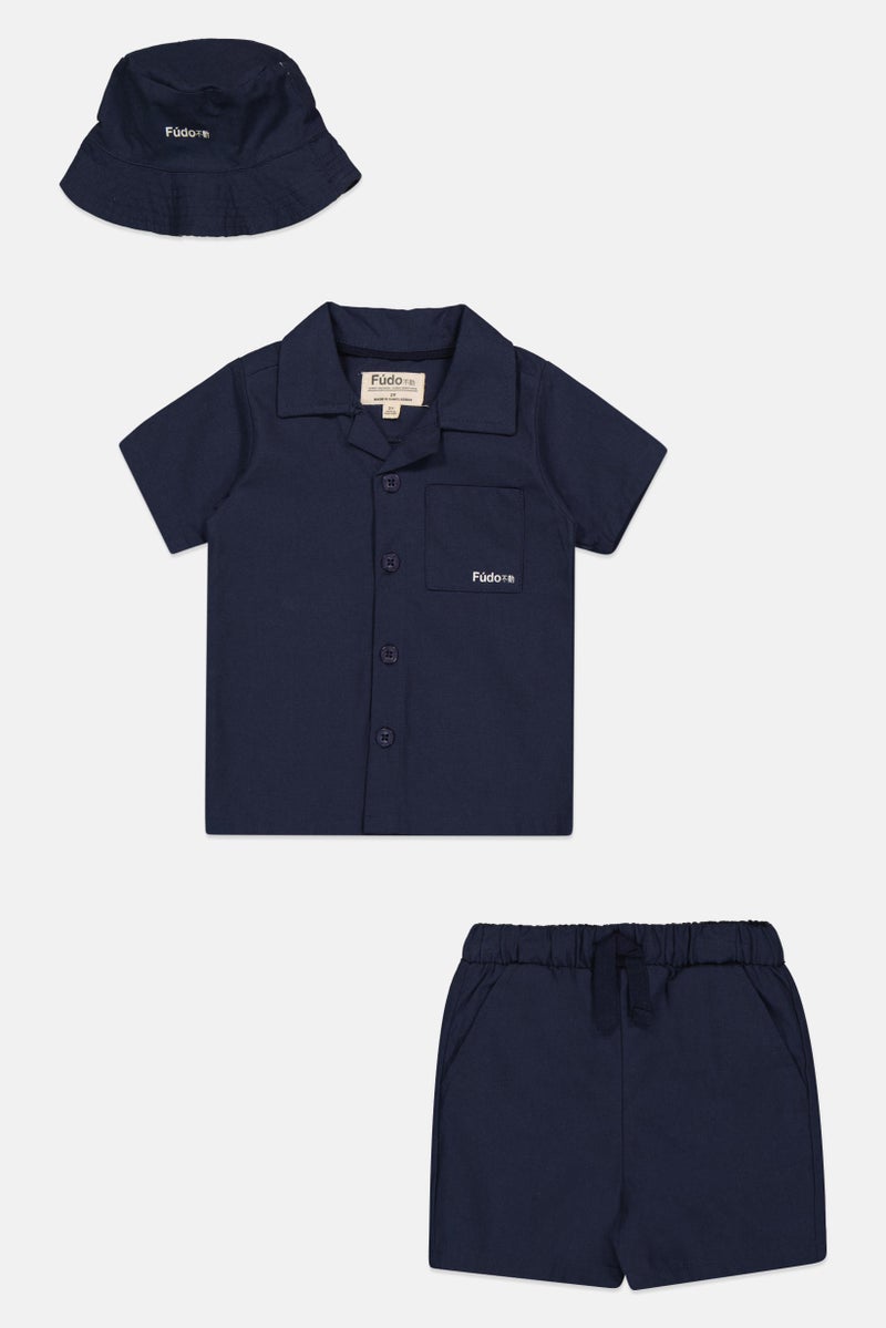 Fudo Toddlers Boy 3 Pieces Brand Logo Shirt And Shorts With Hat Set, Navy - Image 2