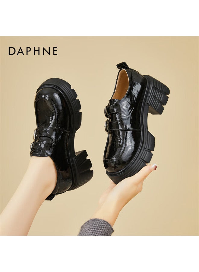 Daphne Women's Pee Thick-soled British Style Double Buckle Leather Shoes With Fleece Lining, Black, Size 37 - Image 2