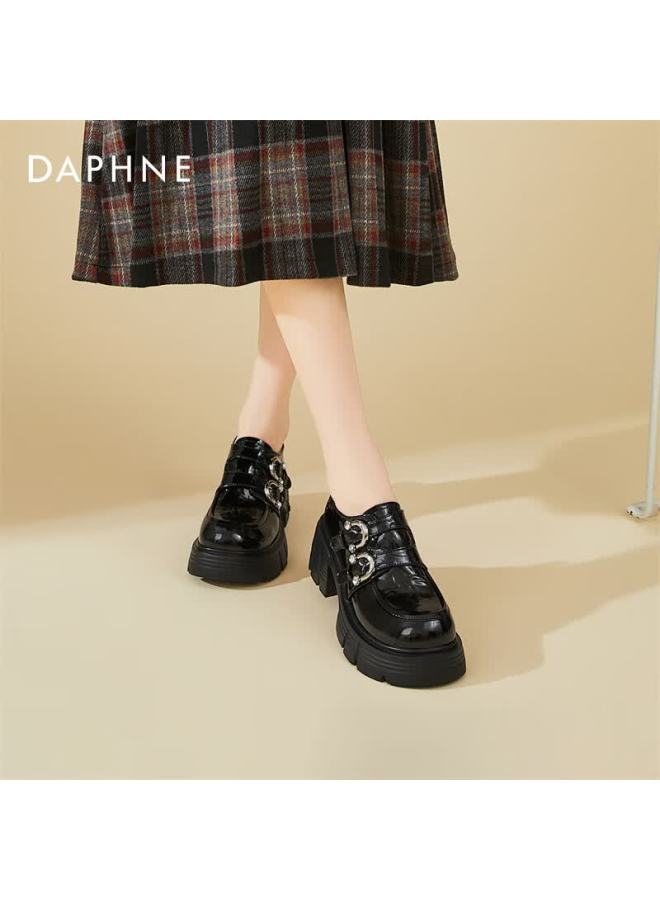 Daphne Women's Pee Thick-soled British Style Double Buckle Leather Shoes With Fleece Lining, Black, Size 37 - Image 4