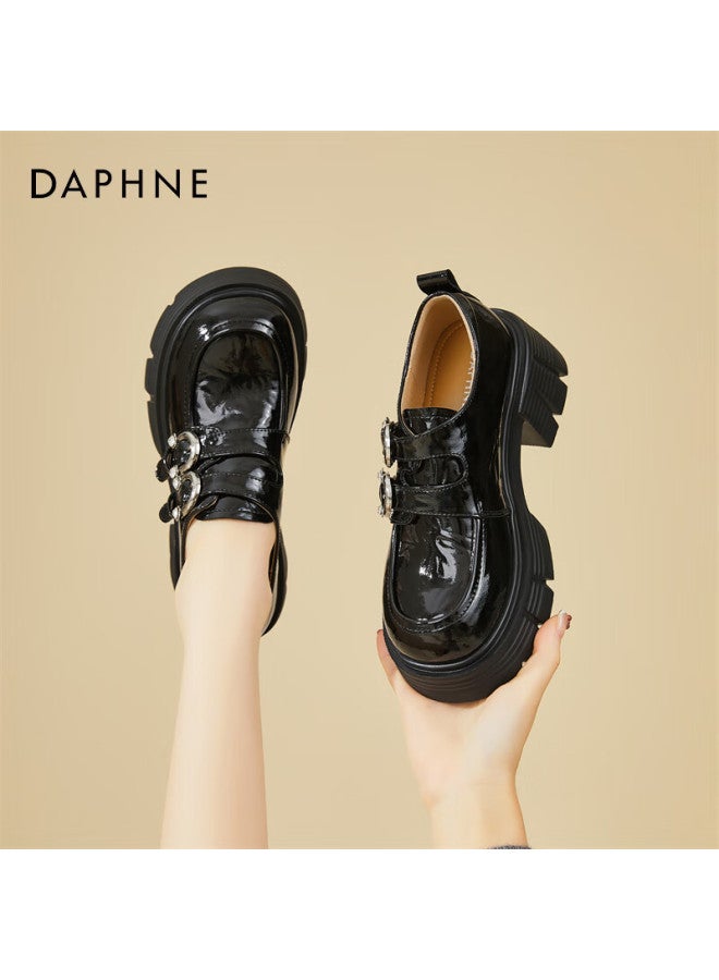 Daphne Women's Pee Thick-soled British Style Double Buckle Leather Shoes With Fleece Lining, Black, Size 37 - Image 1