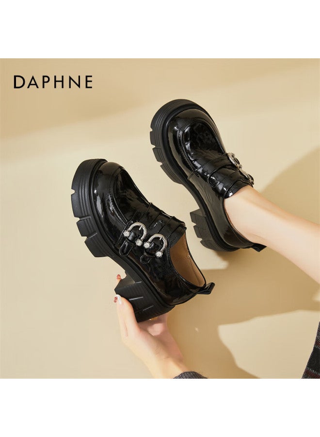 Daphne Women's Pee Thick-soled British Style Double Buckle Leather Shoes With Fleece Lining, Black, Size 37 - Image 3