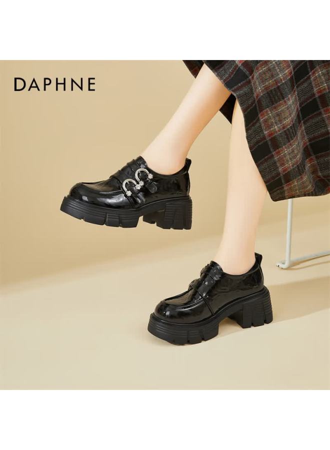 Daphne Women's Pee Thick-soled British Style Double Buckle Leather Shoes With Fleece Lining, Black, Size 37 - Image 5