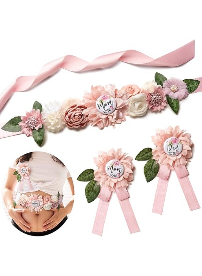 وشاح حمل لحفل استقبال المولود - حزام البطن مع شريط وردي، مجموعة شريط للوالدة المستقبلية والأب المستقبلي ودبابيس وردية لكشف الجنس - Image 1