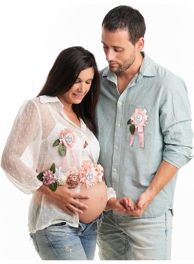 وشاح حمل لحفل استقبال المولود - حزام البطن مع شريط وردي، مجموعة شريط للوالدة المستقبلية والأب المستقبلي ودبابيس وردية لكشف الجنس - Image 4