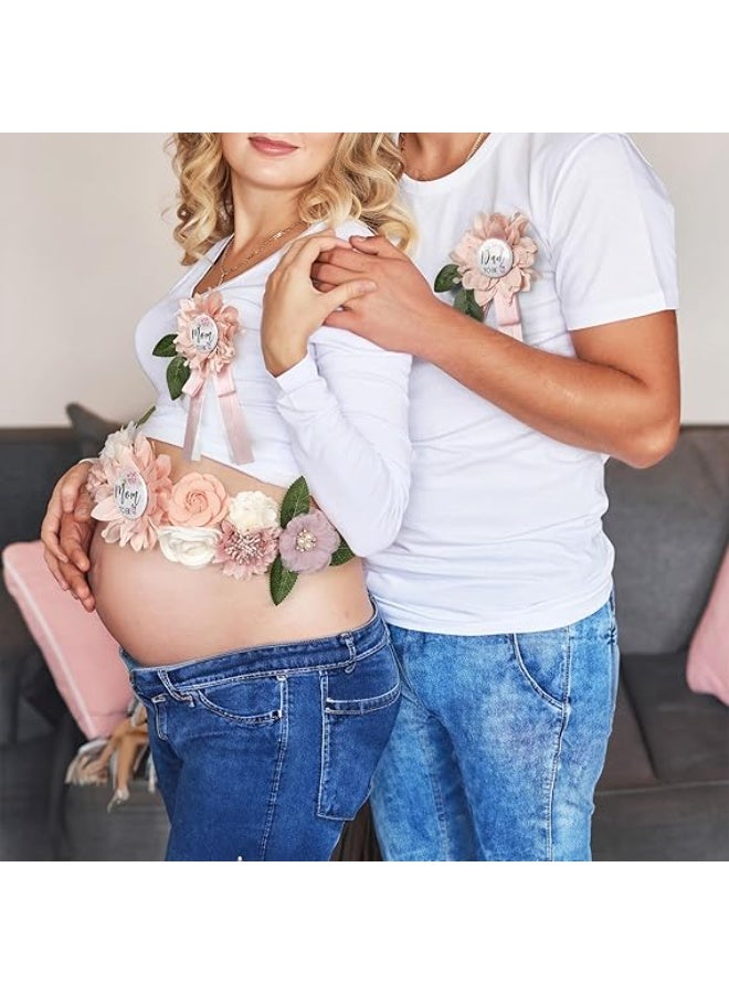 وشاح حمل لحفل استقبال المولود - حزام البطن مع شريط وردي، مجموعة شريط للوالدة المستقبلية والأب المستقبلي ودبابيس وردية لكشف الجنس - Image 3