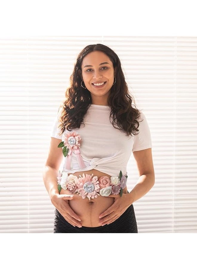 وشاح حمل لحفل استقبال المولود - حزام البطن مع شريط وردي، مجموعة شريط للوالدة المستقبلية والأب المستقبلي ودبابيس وردية لكشف الجنس - Image 5