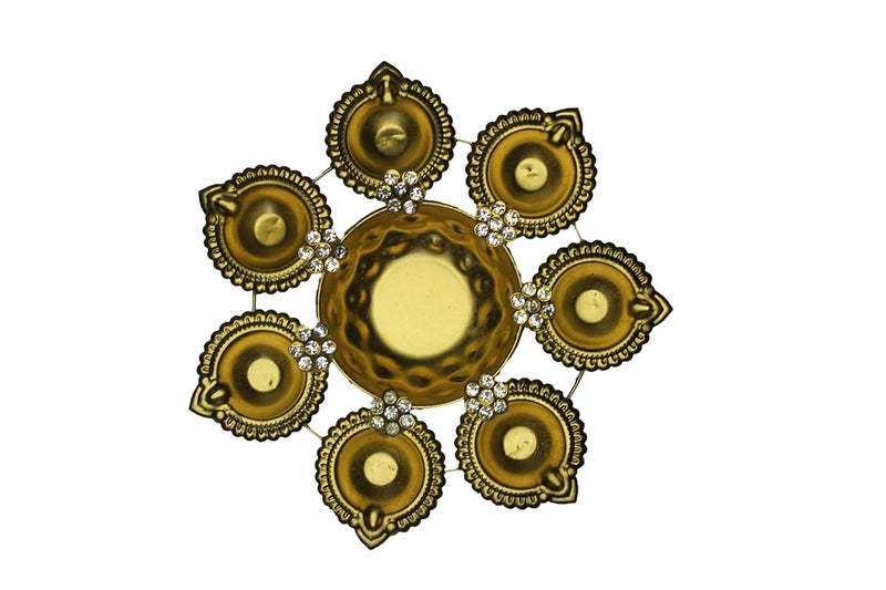 Vrindavanstore.in Vrindavanstorein Golden Stone Metal Handcrafted Designer Urli with 7 Diyas Elegant Home Decor Centerpiece Gift for Diwali Birthdays Anniversaries and Special Occasions