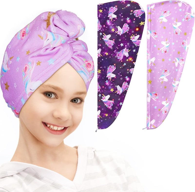 FIOBEE Microfiber Hair Towel Wrap for Kid Rapid Drying Towel Absorbent Hair Turbans for Wet Hair with Button Women Girls Long Curly Hair Pack of 2 Purple