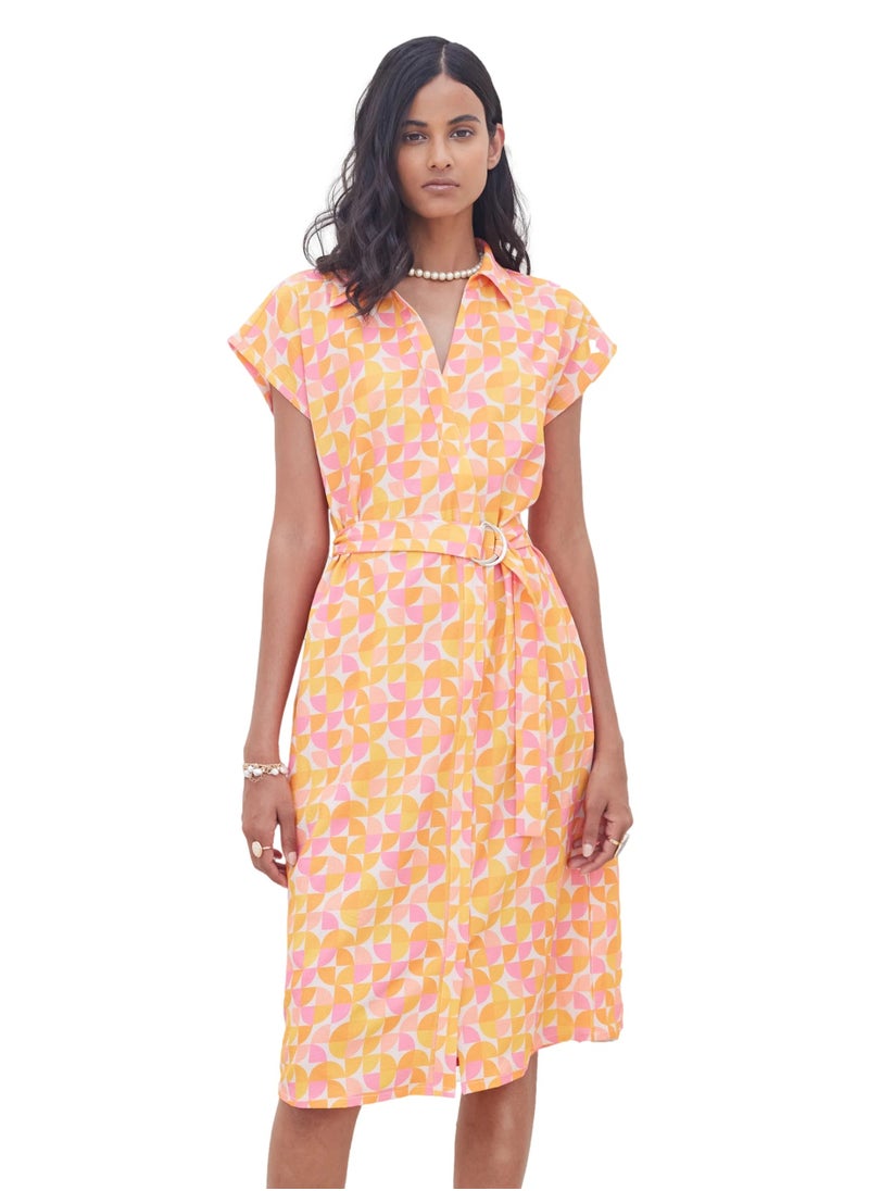 Salt Attire Women's  Trendy Knee-Length Dress Featuring a Bold Geometric Pattern, Collared V Neckline, and Stylish Buckled Fabric Belt - Perfect for Modern Elegance and Versatile Wear  - Image 1
