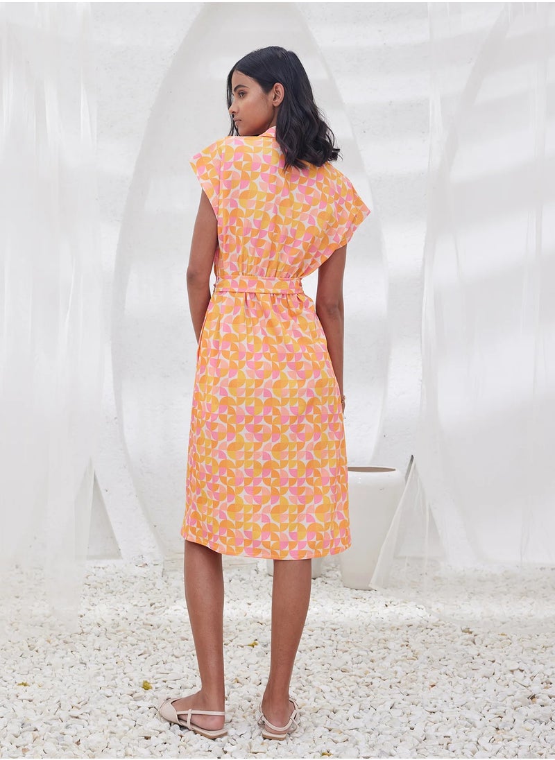 Salt Attire Women's  Trendy Knee-Length Dress Featuring a Bold Geometric Pattern, Collared V Neckline, and Stylish Buckled Fabric Belt - Perfect for Modern Elegance and Versatile Wear  - Image 2