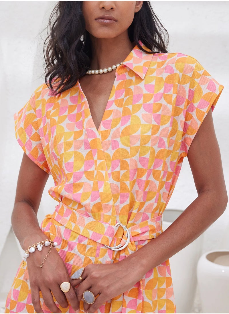 Salt Attire Women's  Trendy Knee-Length Dress Featuring a Bold Geometric Pattern, Collared V Neckline, and Stylish Buckled Fabric Belt - Perfect for Modern Elegance and Versatile Wear  - Image 4