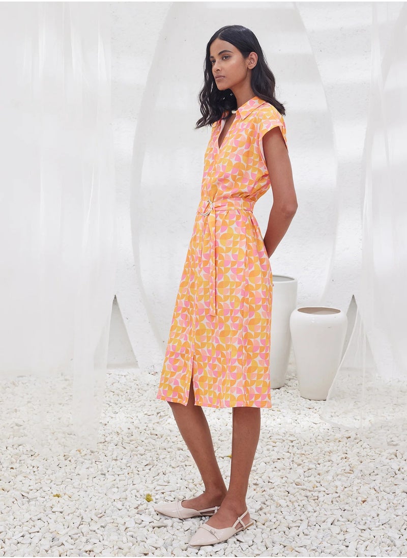 Salt Attire Women's  Trendy Knee-Length Dress Featuring a Bold Geometric Pattern, Collared V Neckline, and Stylish Buckled Fabric Belt - Perfect for Modern Elegance and Versatile Wear  - Image 5