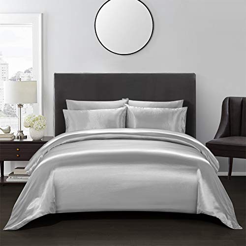AiMay 3 Piece Satin Duvet Cover Set (1 Duvet Cover + 2 Pillowcases) Bedding Set Rich Silk 100% Super Soft Microfiber Bedding Collection Honeymoon Sexy Luxury (Queen, Gray) - Image 1