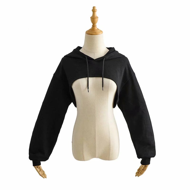 European and American Ins stacked ultra-short sports drawstring hooded sweater womens solid color Joker long sleeve hoodie sweater wholesale Black  - Image 1