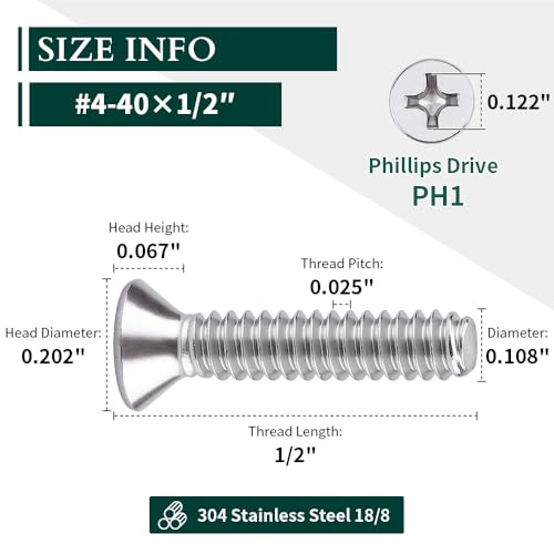 EASTLO #4-40 x 1/2" Flat Countersunk Head Machine Screws, Phillips Drive, 304 Stainless Steel 18-8, Full Thread, Coarse Thread UNC, 100 PCS - Image 3