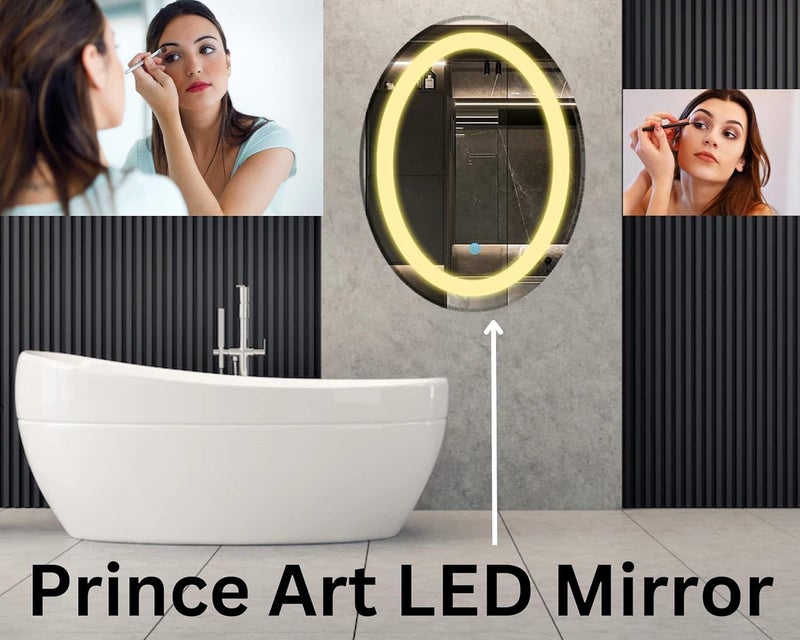 PRINCE ART LED Mirror Glass Bathroom Wall Decorative Led Mirror with Touch Sensor Lights Cabinet Vanity Wall Design Darpan Full Length for Home 18x24 Inch Oval DH1 - Image 3
