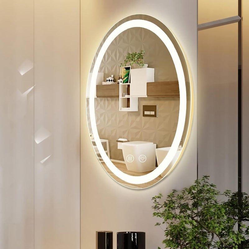 PRINCE ART LED Mirror Glass Bathroom Wall Decorative Led Mirror with Touch Sensor Lights Cabinet Vanity Wall Design Darpan Full Length for Home 18x24 Inch Oval DH1 - Image 1