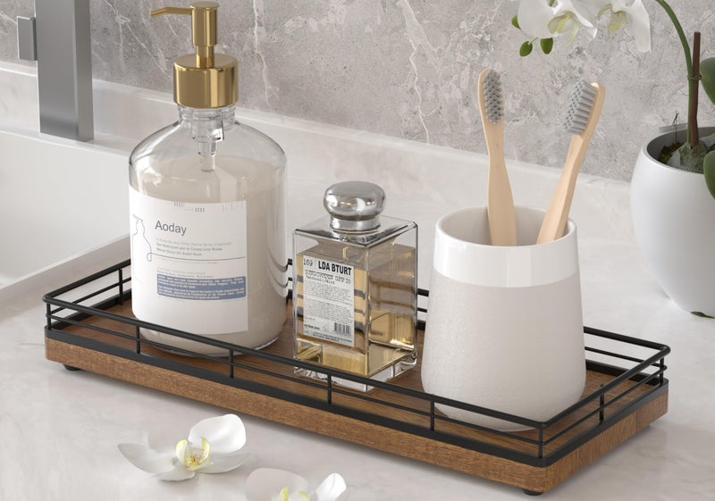 Focusonit Acacia Wood Bathroom Vanity Tray, 11" L Small Countertop Tray for Dresser, Table, Kitchen Counter, Coffee Bar - Image 1