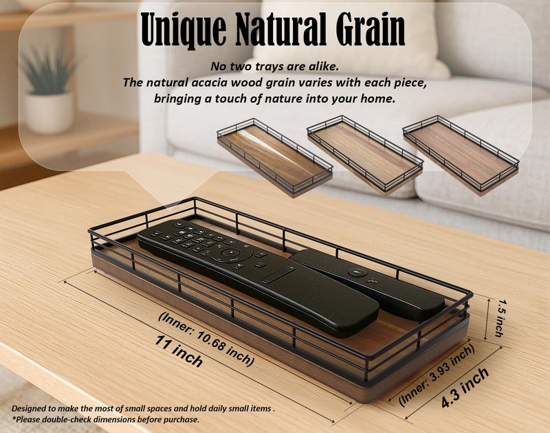 Focusonit Acacia Wood Bathroom Vanity Tray, 11" L Small Countertop Tray for Dresser, Table, Kitchen Counter, Coffee Bar - Image 2