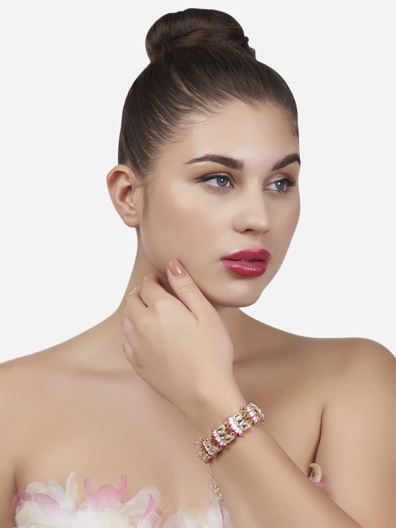 ZAVERI PEARLS Pink & Peach Meenakari Lotus Design Kundan Bracelet For Women-ZPFK13656 - Image 4