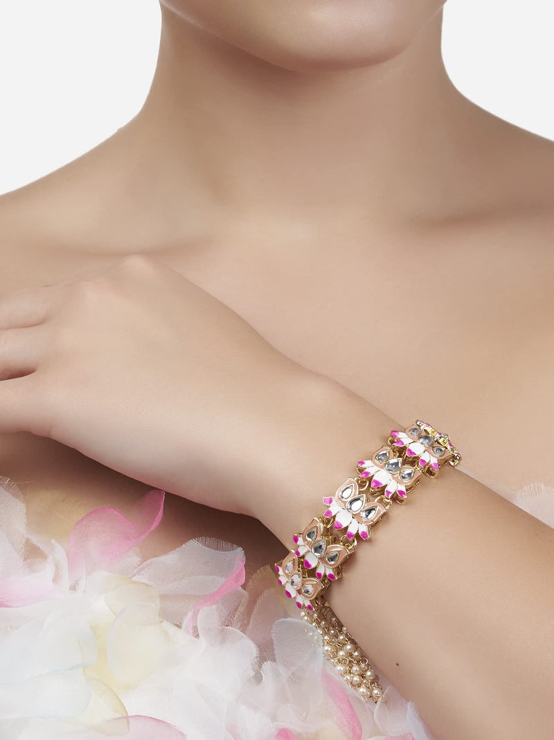 ZAVERI PEARLS Pink & Peach Meenakari Lotus Design Kundan Bracelet For Women-ZPFK13656 - Image 2