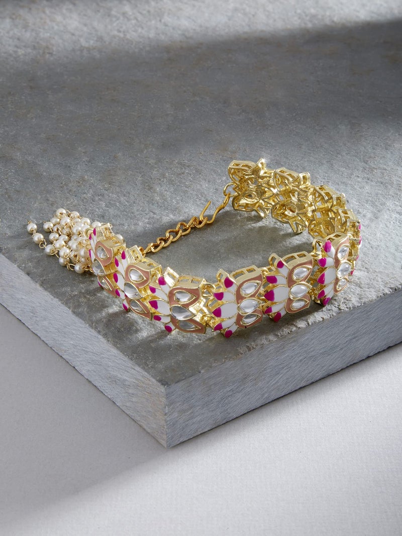 ZAVERI PEARLS Pink & Peach Meenakari Lotus Design Kundan Bracelet For Women-ZPFK13656 - Image 3