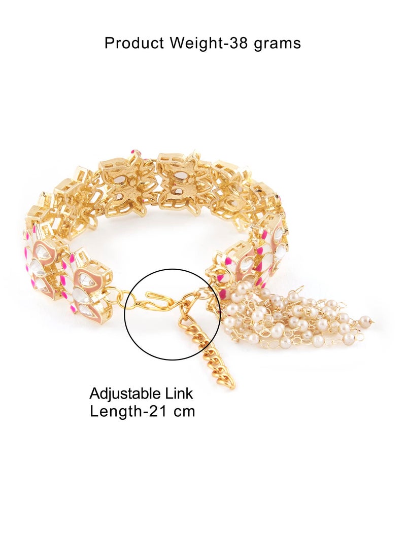 ZAVERI PEARLS Pink & Peach Meenakari Lotus Design Kundan Bracelet For Women-ZPFK13656 - Image 5