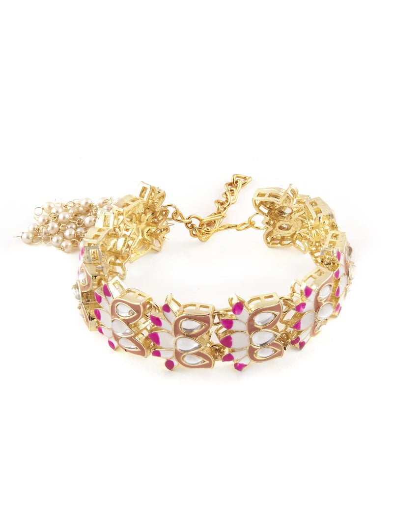 ZAVERI PEARLS Pink & Peach Meenakari Lotus Design Kundan Bracelet For Women-ZPFK13656 - Image 1