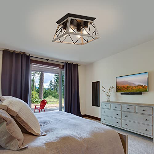 QS Q&S Farmhouse Ceiling Light Oak Semi Flush Mount Vintage 4-Light Square Rustic Island Light Fixtures for Entryway Hallway Dining Room Living Room Bedroom - Image 5