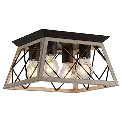 QS Q&S Farmhouse Ceiling Light Oak Semi Flush Mount Vintage 4-Light Square Rustic Island Light Fixtures for Entryway Hallway Dining Room Living Room Bedroom - Image 1