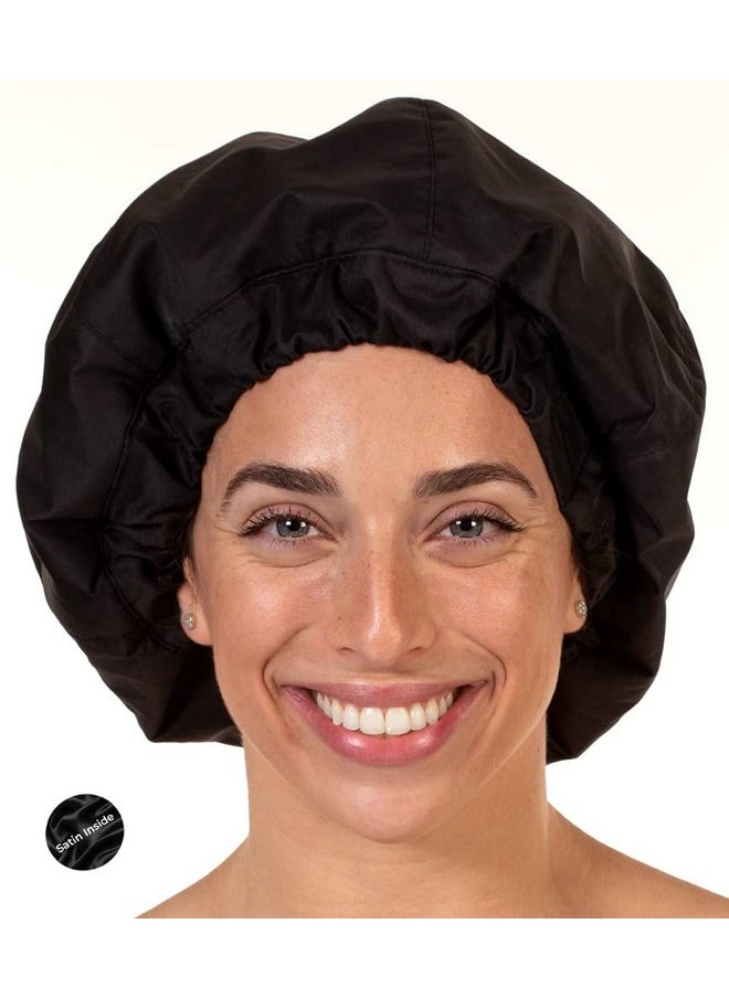 Hersome - Premium Shower Cap For Women With Long Hair. Reusable 100% Waterproof Doublesided Great For Curls With Satin Silk Antifrizz Cloth. Black Shower Caps For Women (Standard Black) - Image 1