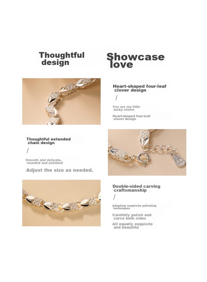 Manhe S999 Sterling Silver Four-leaf Clover Bracelet, Women's Beaded Bracelet, elry, Birthday Gift For Wife, Qixi Festival Gift For Girlfriend - Image 3