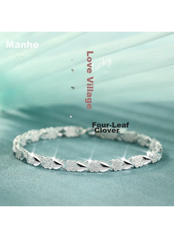Manhe S999 Sterling Silver Four-leaf Clover Bracelet, Women's Beaded Bracelet, elry, Birthday Gift For Wife, Qixi Festival Gift For Girlfriend - Image 1