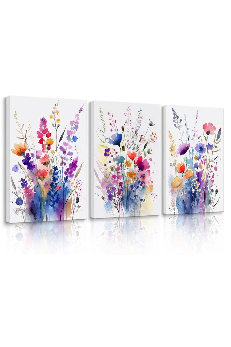 QIYFFBN 3Pcs Framed Flower Pictures Canvas Wall Art Floral Botanical Prints Wildflower Plant Pictures Wall Decor Floral Oil Paintings Posters Colorful Watercolor Floral Prints(12x16in x3Pcs Framed) - Image 1