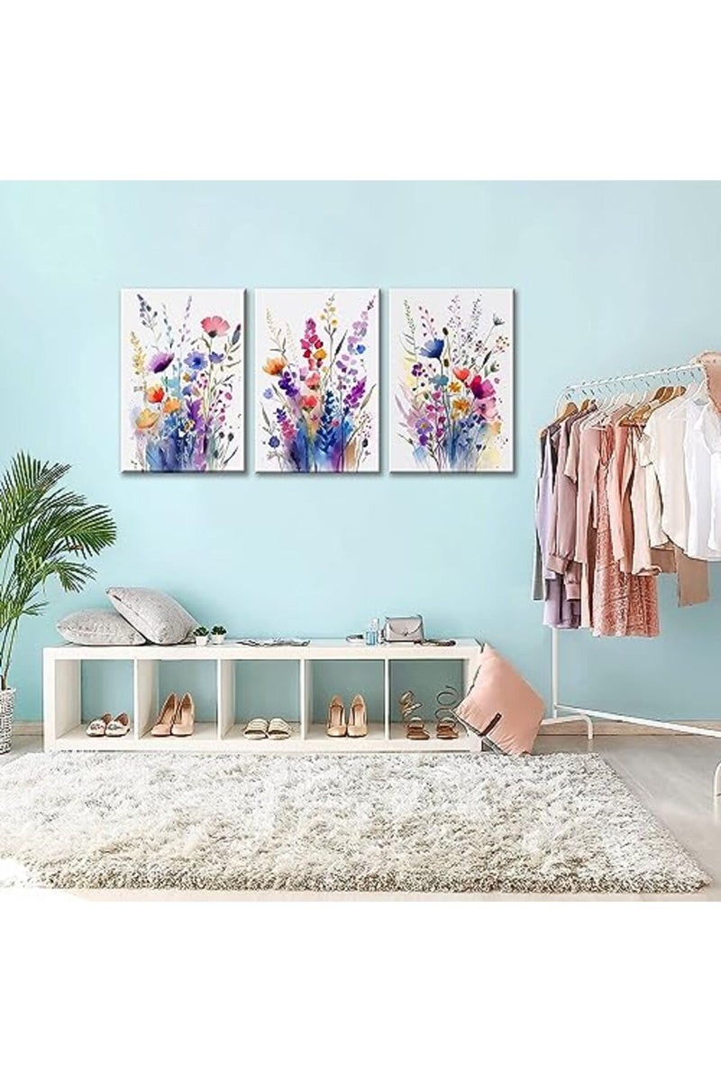 QIYFFBN 3Pcs Framed Flower Pictures Canvas Wall Art Floral Botanical Prints Wildflower Plant Pictures Wall Decor Floral Oil Paintings Posters Colorful Watercolor Floral Prints(12x16in x3Pcs Framed) - Image 5