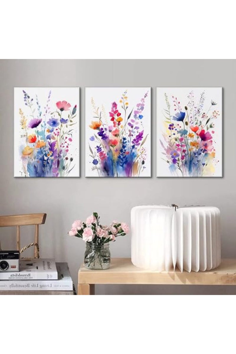 QIYFFBN 3Pcs Framed Flower Pictures Canvas Wall Art Floral Botanical Prints Wildflower Plant Pictures Wall Decor Floral Oil Paintings Posters Colorful Watercolor Floral Prints(12x16in x3Pcs Framed) - Image 2