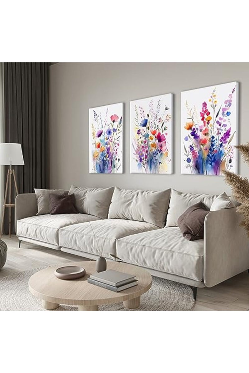 QIYFFBN 3Pcs Framed Flower Pictures Canvas Wall Art Floral Botanical Prints Wildflower Plant Pictures Wall Decor Floral Oil Paintings Posters Colorful Watercolor Floral Prints(12x16in x3Pcs Framed) - Image 3