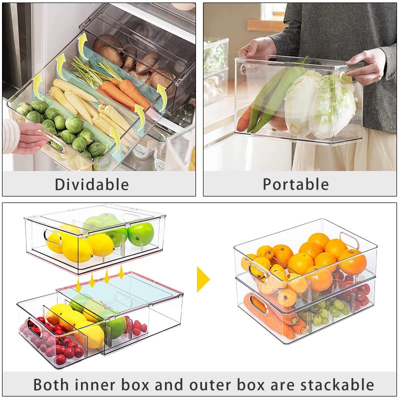 MineSign 4Pack Stackable Fridge Drawers Pull-out Storage Bins with Handle Clear Food Container for Refrigerator Plastic Dresser Organizer Fruit&Veggie Keeper for Freezer Cabinet Kitchen Organization - Image 4
