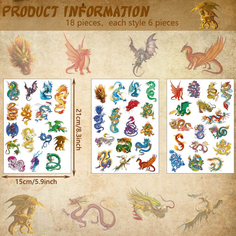 Maitys 288 Pieces 18 Sheets Dragon Temporary Tattoos Stickers, Dragon Birthday Party Favor Supplies Waterproof Tattoos for Kids Adults Good Party Decor Classroom Prizes Rewards - Image 2
