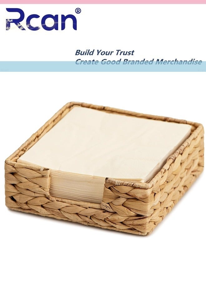 ركان حامل مناديل مستطيل الشكل من زهرة الياسنت المائية، سلة من الخوص الطبيعي، صينية تخزين مناديل ورقية، منظم مناديل، صينية تقديم للغرفة، المطبخ، المطعم، سطح العمل 20 × 20 × 7 سم - Image 1
