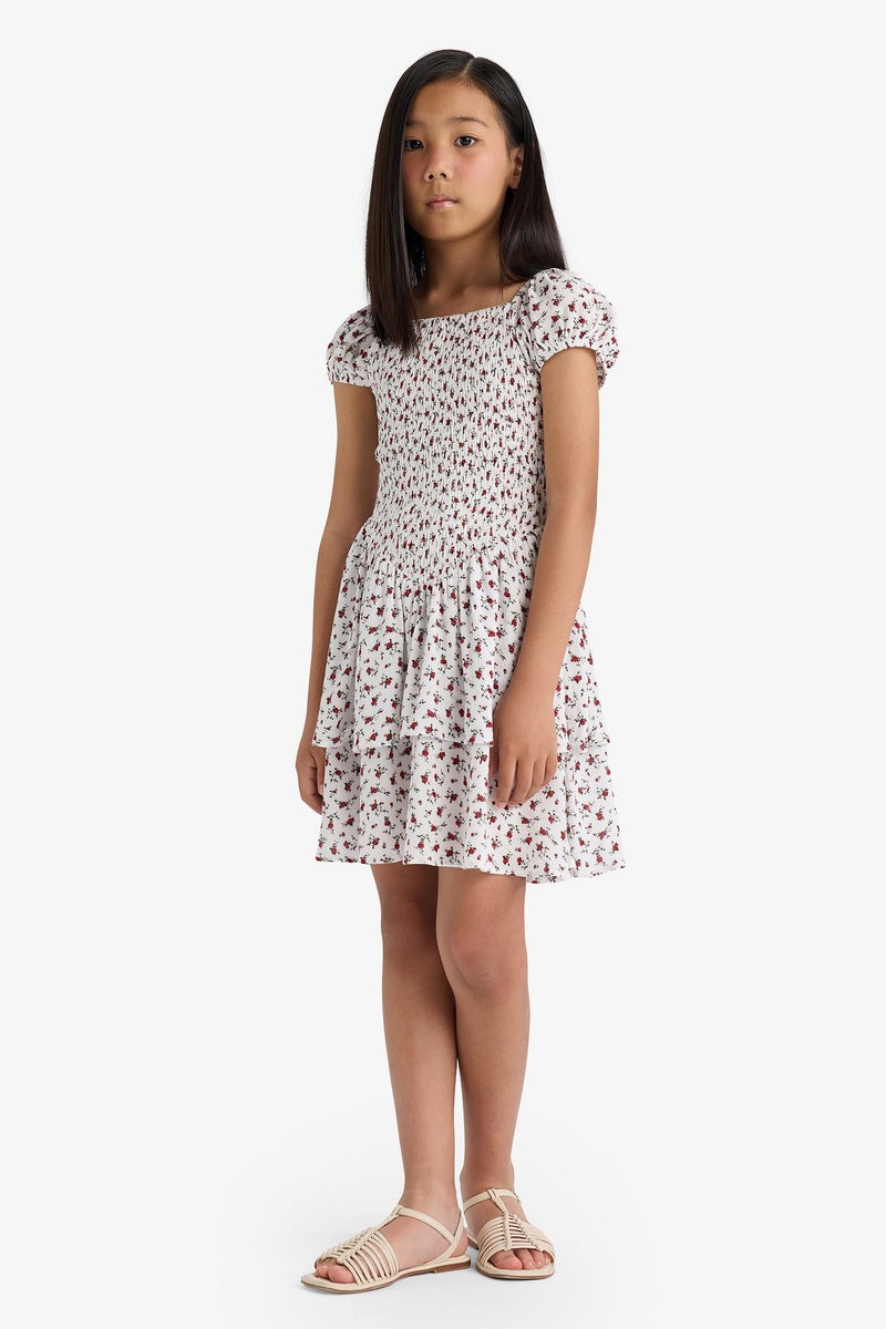 DeFacto Beige Girl Girl Short Sleeve Floral Patterned Dress Casual - Image 5