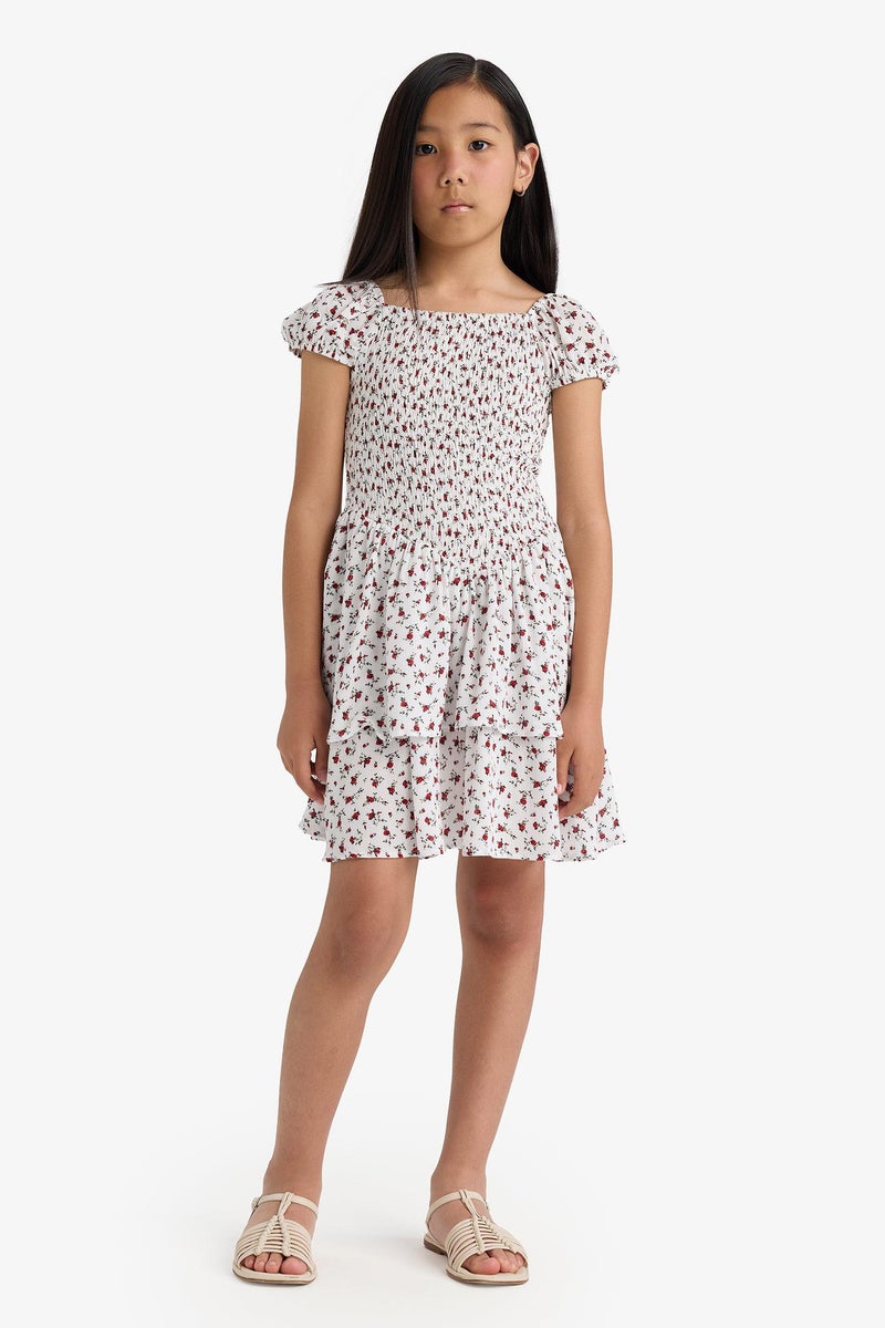 DeFacto Beige Girl Girl Short Sleeve Floral Patterned Dress Casual - Image 3