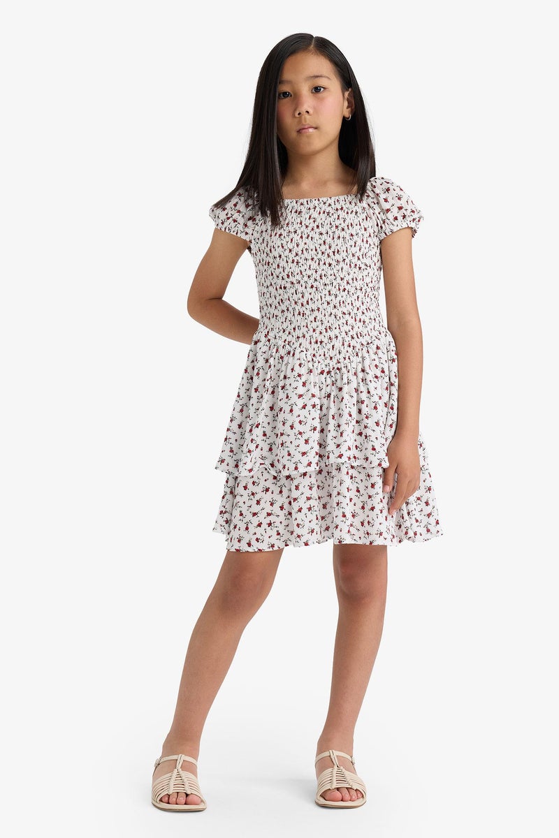 DeFacto Beige Girl Girl Short Sleeve Floral Patterned Dress Casual - Image 4