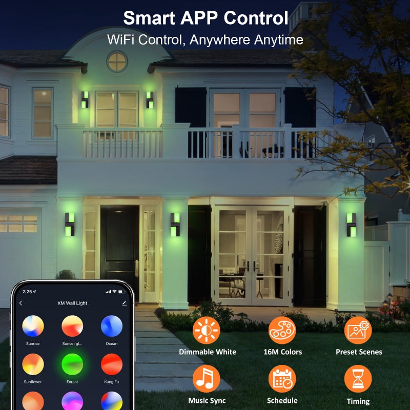 XMCOSY+ Outdoor Wall Lights, 1400LM Smart RGBCW Exterior Lighting Fixtures Adjustable Dual-Head Outdoor Light Fixture, WiFi APP Control, Alexa Compatible, Waterproof Porch Lights Outdoor, 2 Pack - Image 4