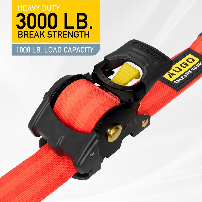 AUGO AUGO Retractable Ratchet Tie Down Straps –2PK– 10 FT – 3000 LB Break Strength – Safety Lock S Hooks –for Moving Cargo, Appliances, Lawn Equipment, Motorcycle – 2 Soft Loops, Storage Bag - Image 2
