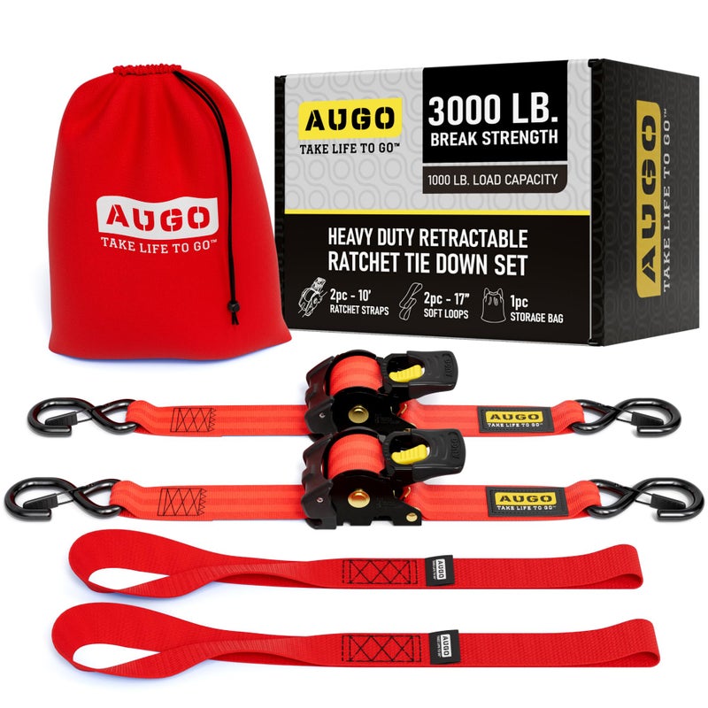AUGO AUGO Retractable Ratchet Tie Down Straps –2PK– 10 FT – 3000 LB Break Strength – Safety Lock S Hooks –for Moving Cargo, Appliances, Lawn Equipment, Motorcycle – 2 Soft Loops, Storage Bag - Image 1