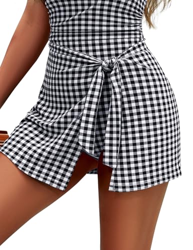 Zilcremo Swim Dress for Women Tummy Control One Piece Swimsuit Wrap Swimdress Square Neck Skirted Bathing Suit Swimwear Blackplaid S - Image 4