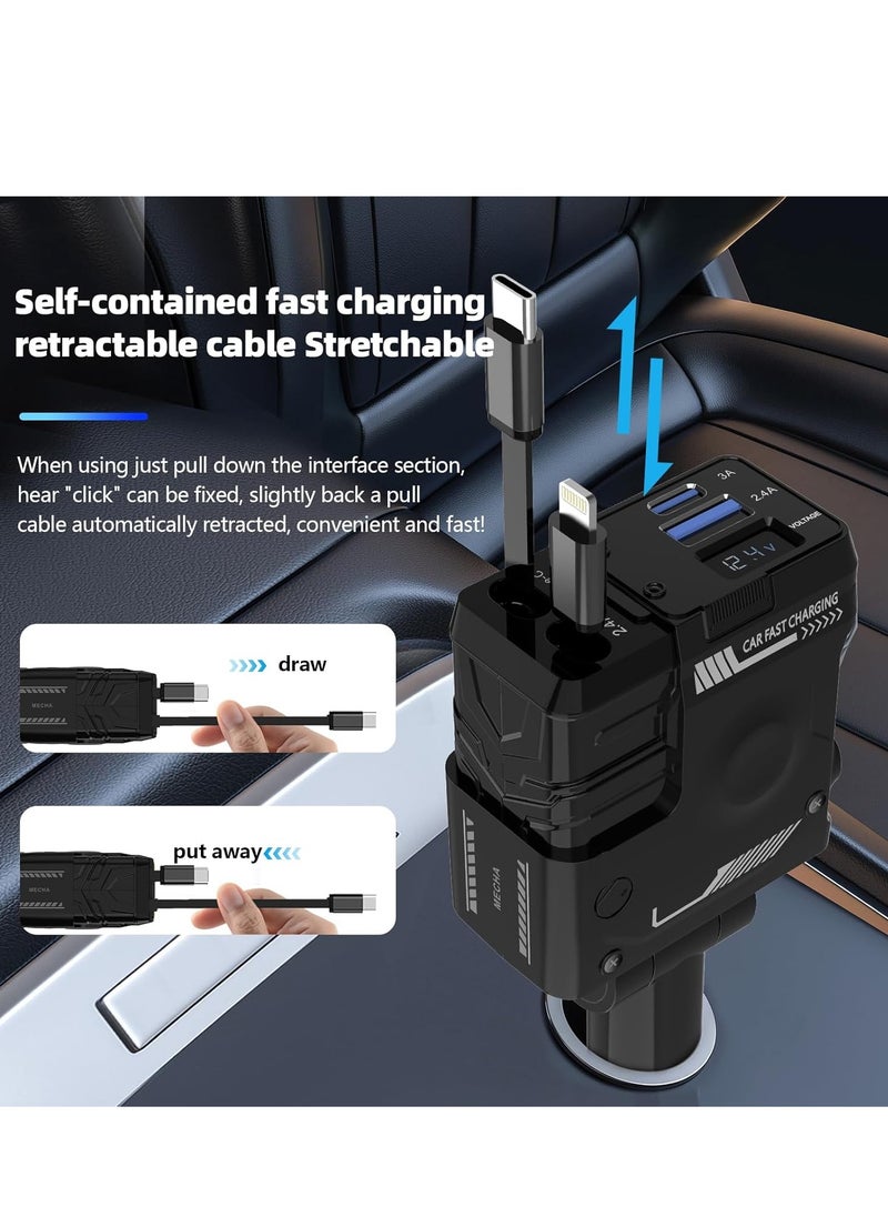 SMARTX - Retractable Car Charger 4 In 1 Fast Car Charger, 66W Car Charger with Lightning & Type-C Wires, PD 36W, Universal Compatibility, Simultaneous Charging, Car Phone Charger with Retractable Cable (31.5 inches) and 2 USB Port Adapters - Image 1